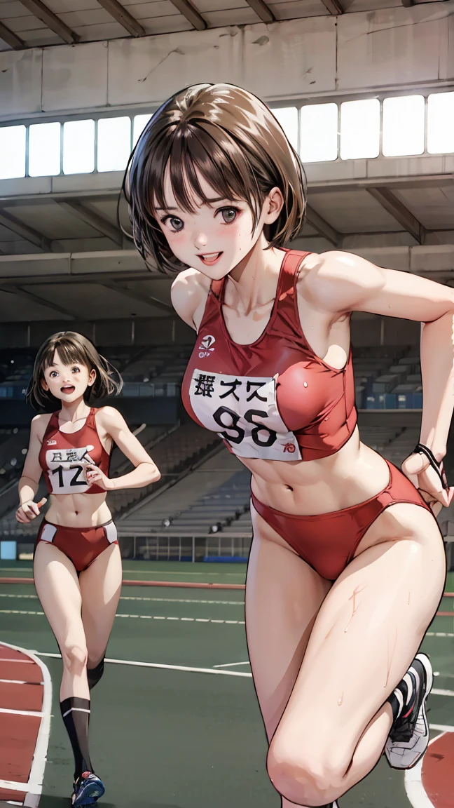  (Three Girls)、(Athletics Stadium、truck),、smile、The men are laughing、、Short Hair、They hesitate,、Wet Hair,  Underarm, Mid-chest, Realistic butt crack , (High color saturation:1.0),  (Very detailed肌), (Highest quality:1.0), (Ultra-high resolution:1.0) ,(Realistic:1.0), (Very detailed:1.0), (8k, RAW Photos:1.1)、Center of chest、Spread your legs、Yoshizuki Iori、Running、(White Athletics Uniform、English bib number)、(Front view)