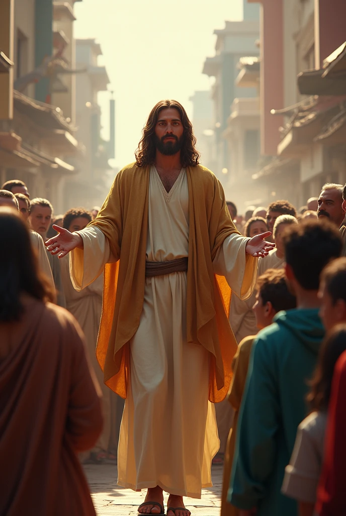 a picture of christ in the middle of the crowd
