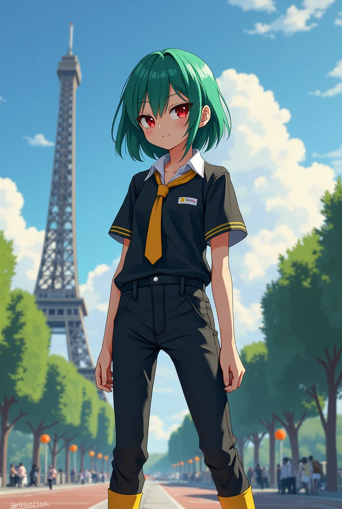 Girl with semi-long green hair, red eyes with a black short sleeve shirt, with a yellow tie and black pants with yellow socks, in the background in the landscape the Eiffel Tower. Realistic style