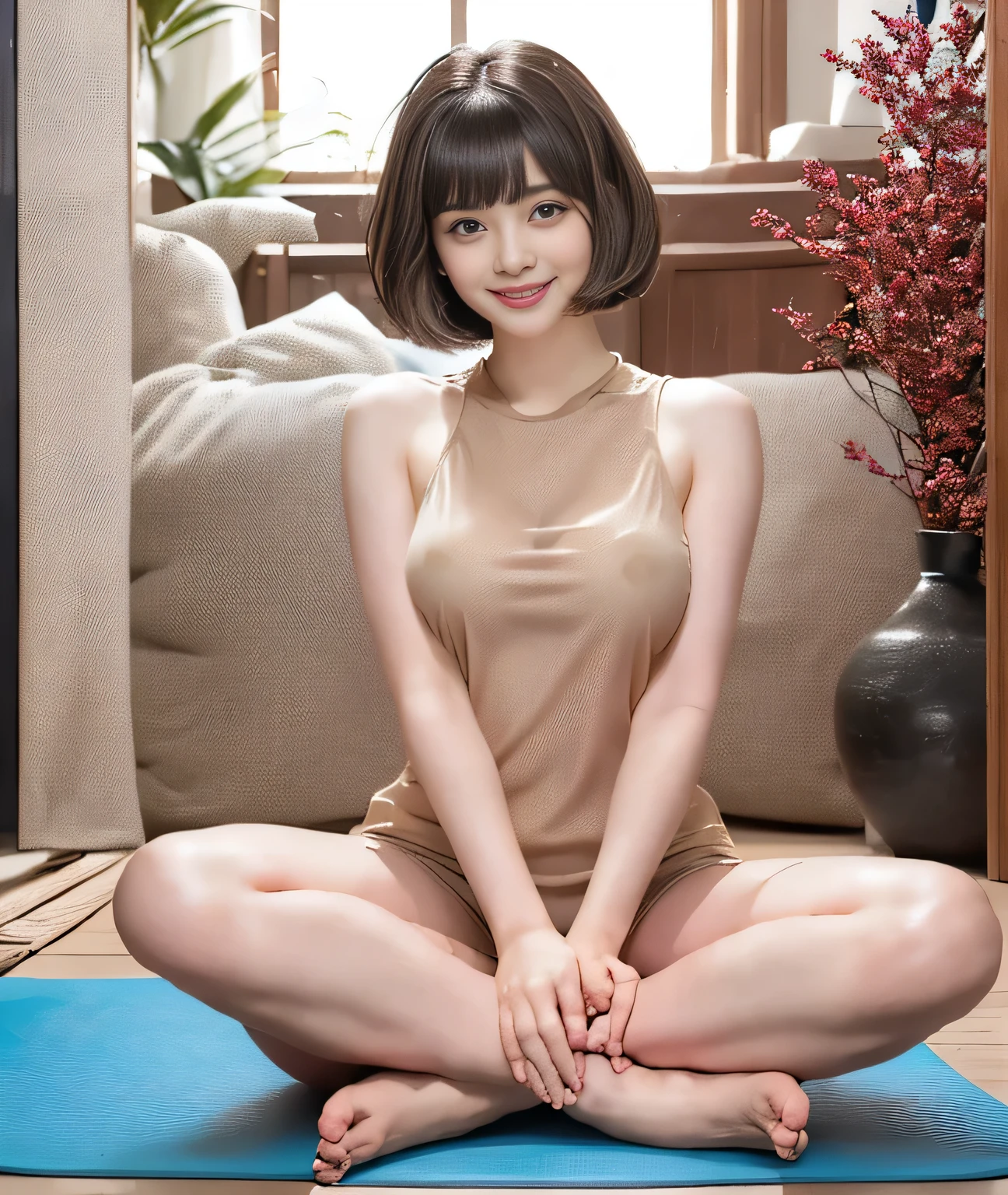 {{{Hold your hands out as if you were holding an apple::1.8}}},{{{Blunt bangs、short hair:1.6}}}},,{{Girl sitting on a mat and doing yoga poses:18age:Double Eyes::smile}},, Sitting pose,{Tight tank top:See through}, Affectionate, Affectionate, gentle pose, Symmetrical pose, Full body pose,
