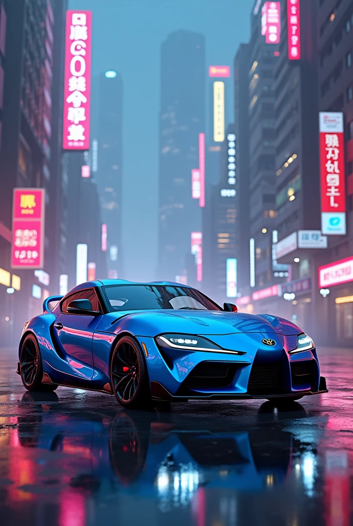 a cyberpunk city with neon lights, a blue Toyota Supra, highly detailed, photorealistic, 8k, cinematic lighting, dramatic shadows, moody atmosphere, neon city lights, advanced technology, futuristic cityscape, intricate details, clean lines, glossy surfaces, metallic textures, vibrant colors, glowing elements, moody lighting, cinematic framing, dramatic composition, hyper-realistic rendering, volumetric fog, depth of field, stunning visuals