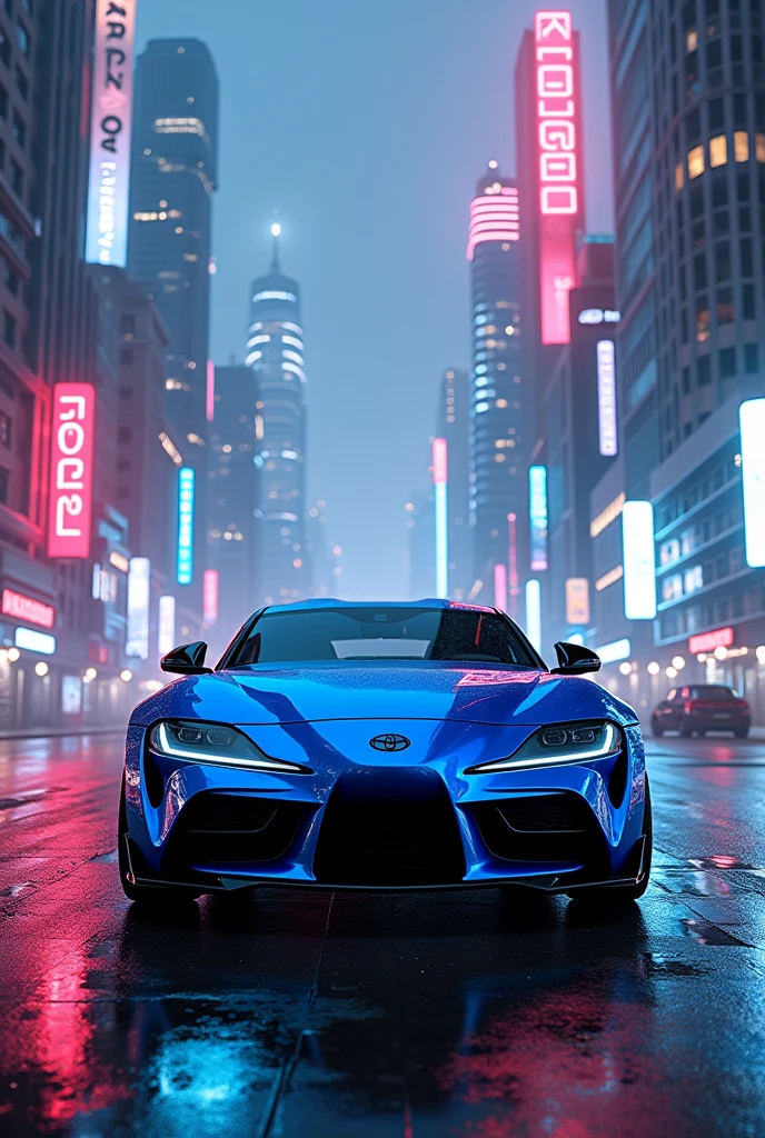 a cyberpunk city with neon lights, a blue Toyota Supra, highly detailed, photorealistic, 8k, cinematic lighting, dramatic shadows, moody atmosphere, neon city lights, advanced technology, futuristic cityscape, intricate details, clean lines, glossy surfaces, metallic textures, vibrant colors, glowing elements, moody lighting, cinematic framing, dramatic composition, hyper-realistic rendering, volumetric fog, depth of field, stunning visuals