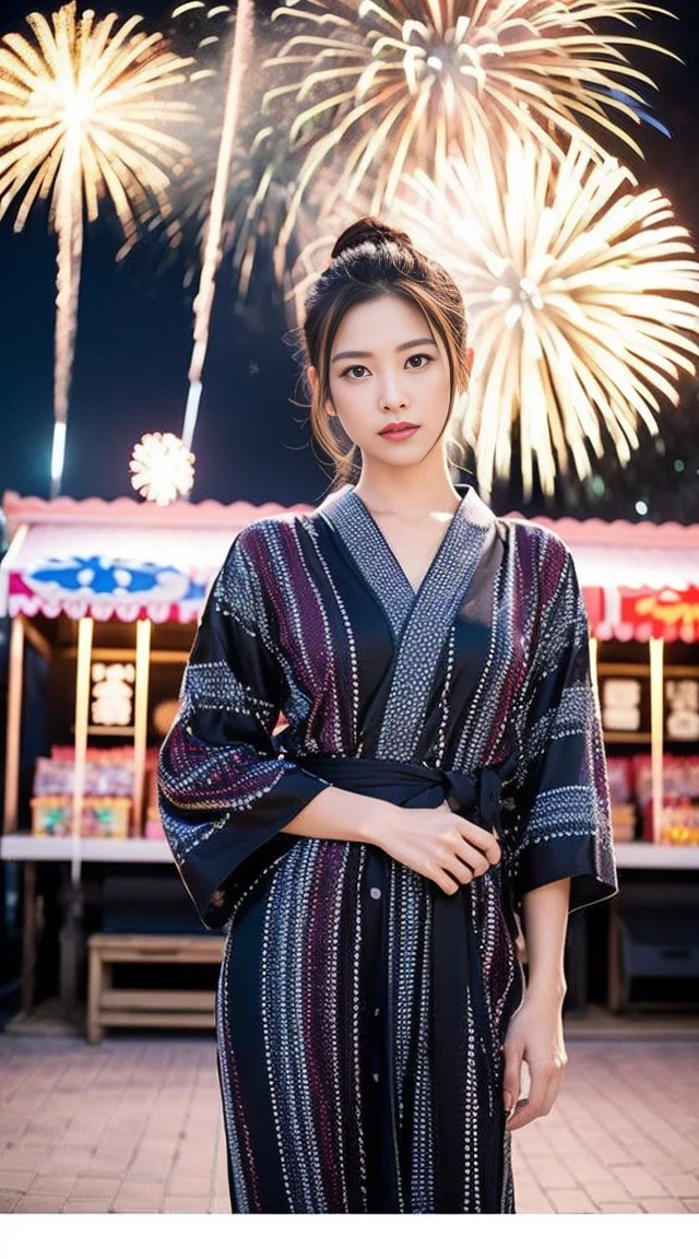Dark brown hair、Light brown eyes、Japanese actress、 Lady、I am about 40 years old...、(Intricate details:1.2)、(Which is more expensive????:1.4)、 (超High resolution:1.2)、超High resolution、(fine adjustment)、(Detailed faceの特徴)、Hmph、8k resolution、D cup size breasts、Long Hair、Hue、night、,Full body photo、masterpiece, (Beautiful person), Detailed eyes, Highest quality, 超High resolution, (reality、Fireworks display、Opening a store、candy stall、night、walk: 1.4), Original photo, One Girl, Cinema Lighting, Japanese,Are standing、 Asian Beauty, Beautiful skins, (超reality的な), (High resolution), (8,000 yen), (Very detailed),(Very detailedな), Detailed face, Fireworks display、Opening a store、yukata、Put your hair up、night、Wear a yukata、Japanese clothing、Summer in Japan、