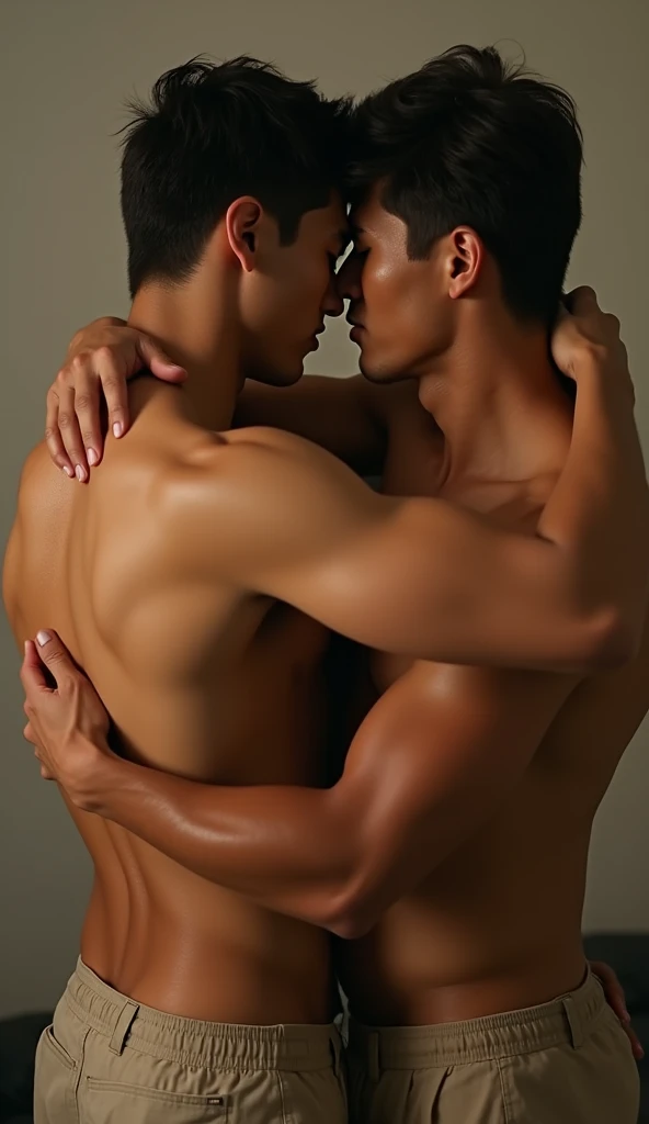 Realistic photography, 8ก ,Asian Thai man with brown hair, Two handsome guys , Hug and kiss with a good figure , bare , Three people , bareร่าง, big penis , Rear-end sex