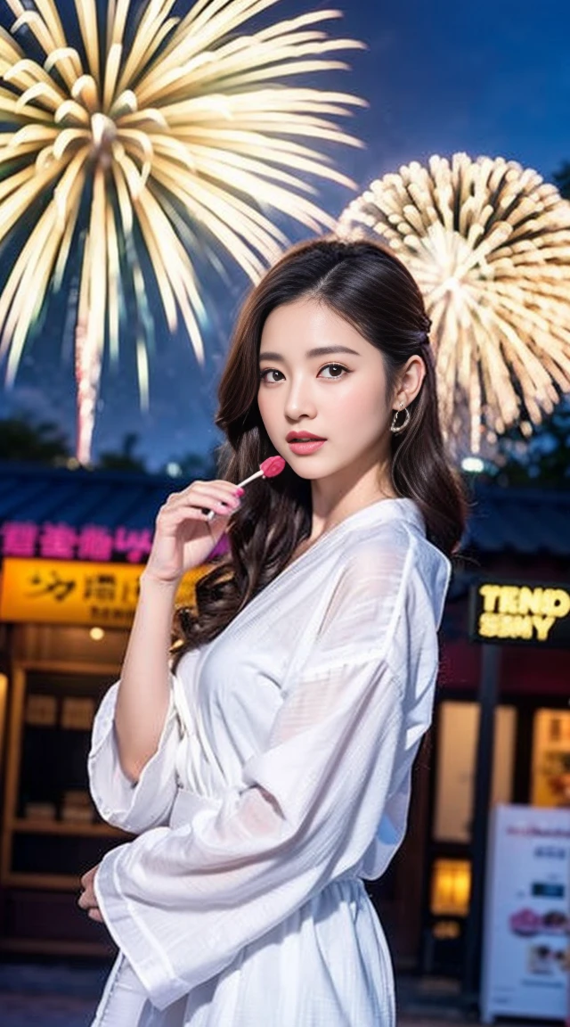 Dark brown hair、Light brown eyes、Japanese actress、 Lady、I am about 40 years old...、(Intricate details:1.2)、(Which is more expensive????:1.4)、 (超High resolution:1.2)、超High resolution、(fine adjustment)、(Detailed faceの特徴)、Hmph、8k resolution、D cup size breasts、Long Hair、Hue、night、,Full body photo、masterpiece, (Beautiful person), Detailed eyes, Highest quality, 超High resolution, (reality、Fireworks display、Opening a store、candy stall、night、walk: 1.4), Original photo, One Girl, Cinema Lighting, Japanese,Are standing、 Asian Beauty,  Beautiful skins, (超reality的な), (High resolution), (8,000 yen), (Very detailed),(Very detailedな), Detailed face, Fireworks display、Opening a store、yukata、Put your hair up、night、Wear a yukata、Japanese clothing、Summer in Japan、