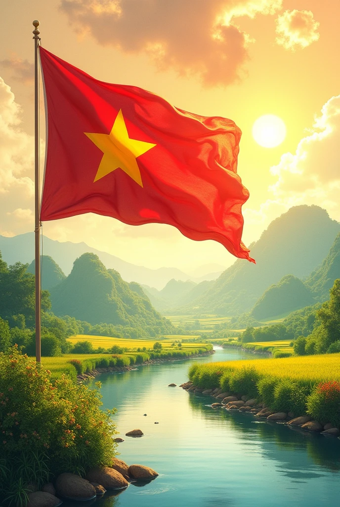 VietNam flag, sunny day, sunshine, river, farm, water color paint, 4k