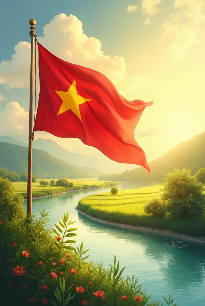 VietNam flag, sunny day, sunshine, river, farm, water color paint, 4k