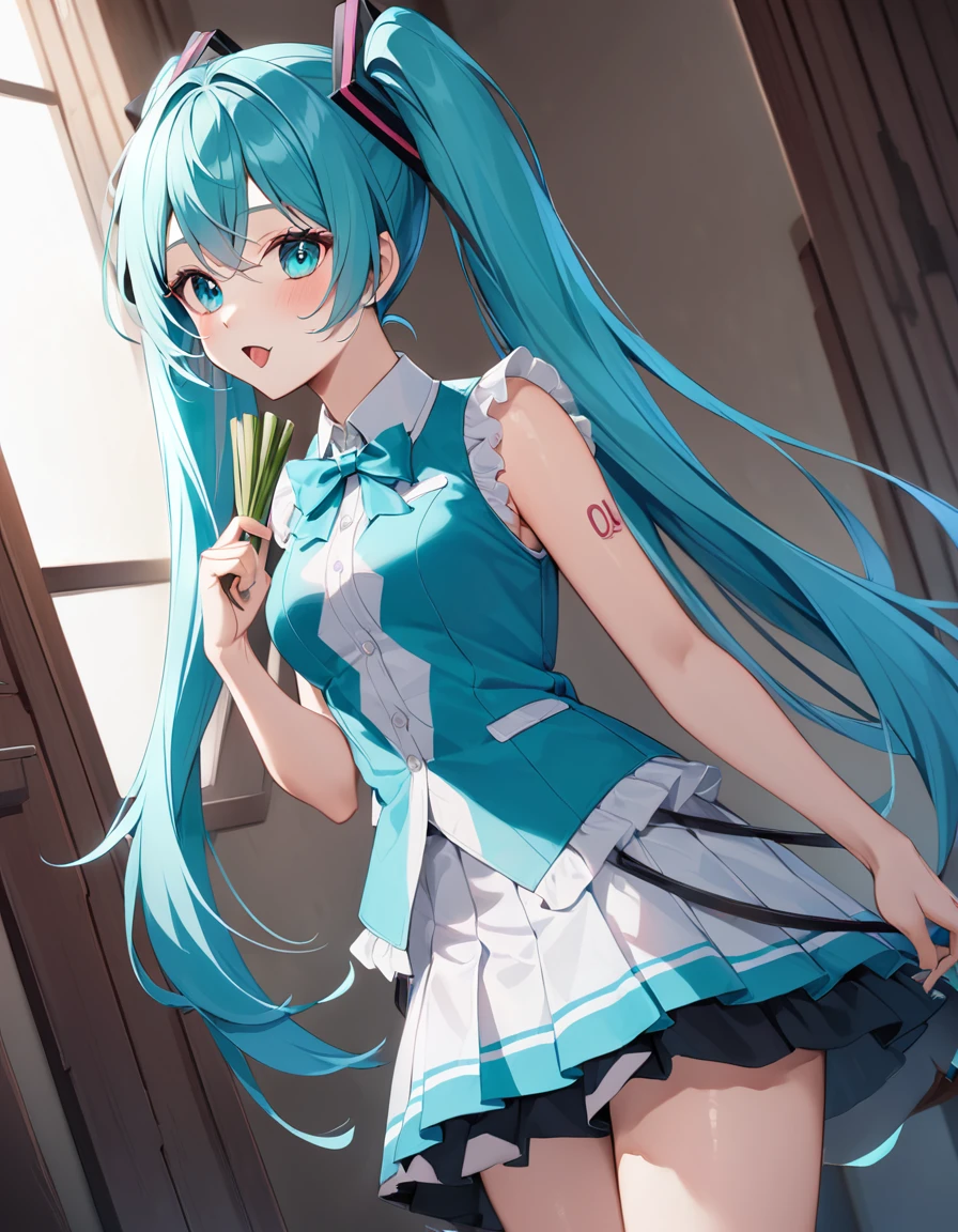 (8K, best quality, master piece: 1.2),ultra-high resolution,1girl, hatsune miku,aqua eyes,ultra-detailed face,detailed eyes,Center tongue piercing,holding a leek,very long twin tails,aqua eyes,tongue out,Sleeveless shirt, arm covers,Pleated skirt,standing, Otaku's room