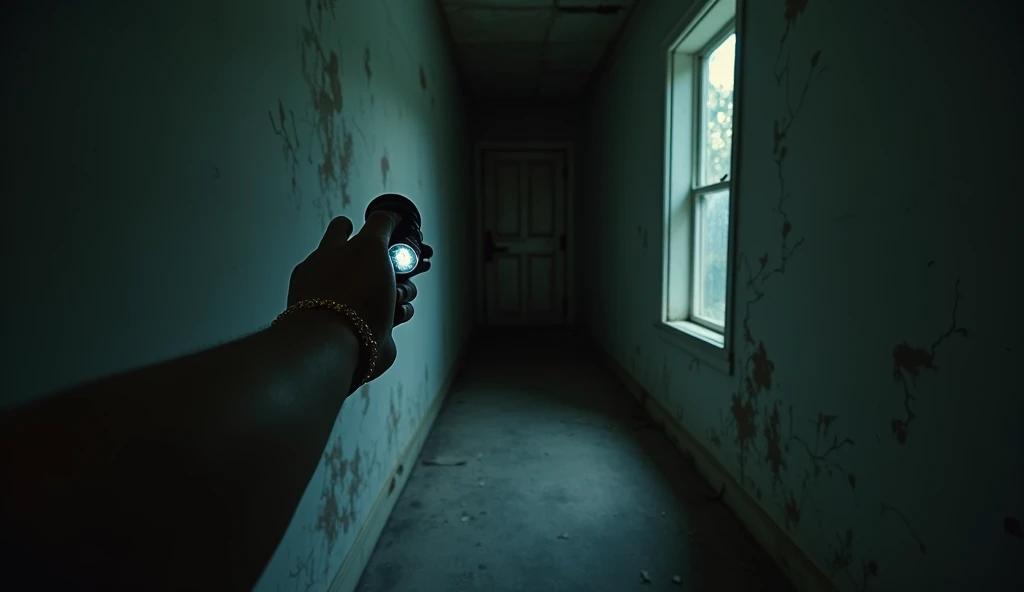 A first-person view of an eerie, dimly lit hallway in an abandoned house at night. The scene is illuminated by a flashlight held in the right hand of the person, revealing cracked walls and an old, decaying door at the end of the hallway. The person is wearing a gold bracelet, and the shadow of their arm is cast on the wall. The atmosphere is tense and suspenseful, evoking feelings of fear and anticipation.