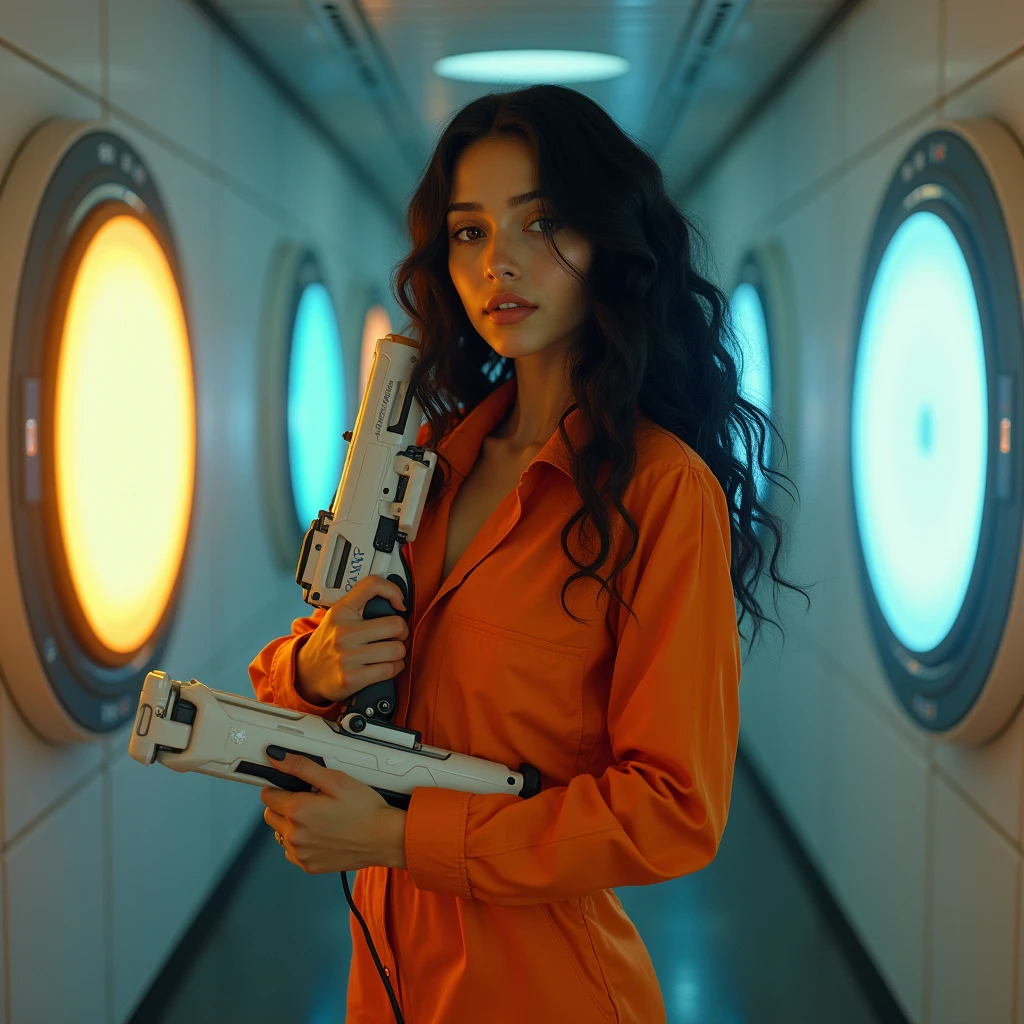 realistic photo of a (pretty girl, 20 years old, brunette, black eyes) cosplayed as chell from "Valve's Portal", (full lips) , ((perfect face)), [[mild smile]], proportionate body,mixed white-latina herritage, nubyan nose, beautyfull, beautyfull face, tanned skin, two arms, two legs, five fingers by hand, full body, (softly curly black long hair), girl wearing jail-resembling orange jumpsuit and boots, futuristic device at hands resembling a white lasergun, girl trapped claustrophobic state-of-art claustrophobic facilities, two eliptic dimension portals at walls, orange portal and light blue portal.