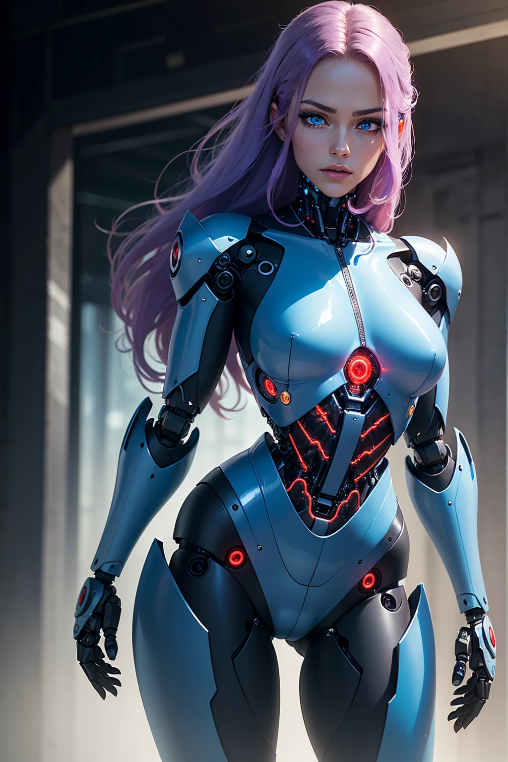 1girl, (masterpiece1.6, perfect face1.6), ((long purple hair)), (white skin tone), ((((glowing blue eyes, perfect anatomy)))), ((perfection)), small figure, (((shiny skin, realistic skin texture, 90s style))), ((((cybernetic body, robotic red left eye)))), 8k, 4k resolution, highly detailed, (beautiful mature woman1.4, squinted eyes), ((cowboy shot)),