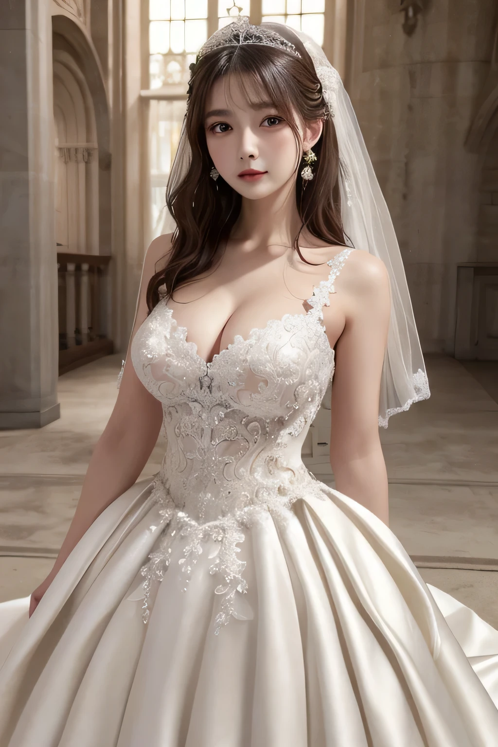 One Girl, 1 person,Highest quality,High resolution,超High resolution,8k,Realistic,Upper Body,encounter_audience,Large Breasts, the body is slim,(Wedding Dress:1.2),