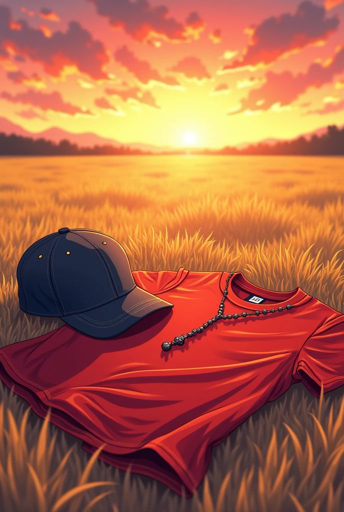  
Red T-shirt crumpled on the floor and next to it a baseball cap and a rosary 2d style anime visually beautiful very anime Anime style animeIn a field with dry yellow grass and the beautiful sunrise 