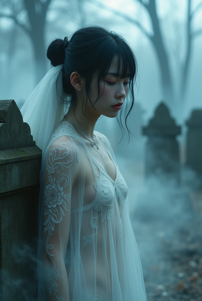 (Female ghost:1.7)、(((In the fog)))、(The body is blurred)、young woman、((Beauty))、Japanese、(Cute face)、1、((sexy))、Background Graveyard、(((Leaning on the grave)))、(((sexyな衣装)))、The spirit is flying、White tattoos all over the body、(((The bottom screen is covered in smoke)))、(best quality,4K,8k,highres,masterpiece:1.2),ultra-detailed,(realistic,photorealistic,photo-realistic:1.37),HDR,uhd,studio lighting,ultra-fine painting,sharp focus,physically-based rendering,extreme detail description,professional,vivid colors,bokeh,cinematic lighting,dramatic shadow,