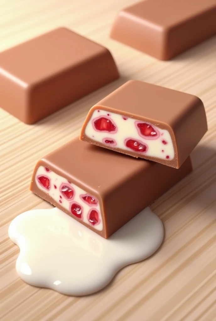 three rectangular strawberry milk chocolates, that a chocolate bar is split in half and you can see the chopped strawberries and spilled milk, that has a background of a beige wooden table