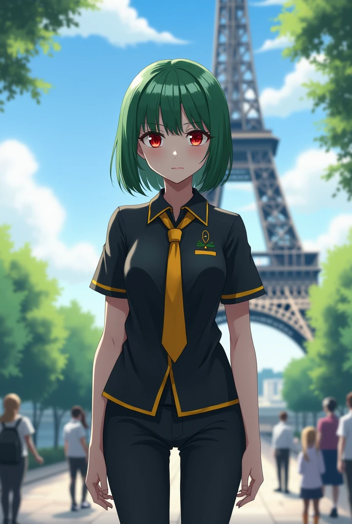 Girl with semi-long green hair, red eyes with a black short sleeve shirt, with a yellow tie and black pants with yellow socks, in the background in the landscape the Eiffel Tower. Realistic style 