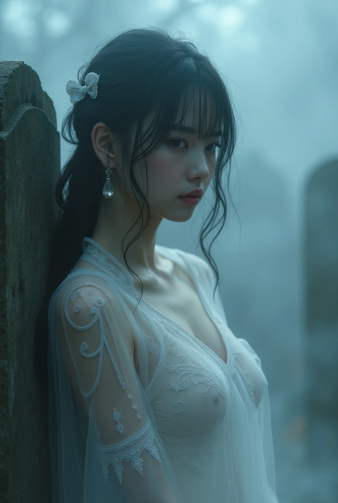 (Female ghost:1.7)、(((In the fog)))、(The body is blurred)、young woman、((Beauty))、Japanese、(Cute face)、1、((sexy))、Background Graveyard、(((Leaning on the grave)))、(((sexyな衣装)))、The spirit is flying、White tattoos all over the body、(((The bottom screen is covered in smoke)))、(best quality,4K,8k,highres,masterpiece:1.2),ultra-detailed,(realistic,photorealistic,photo-realistic:1.37),HDR,uhd,studio lighting,ultra-fine painting,sharp focus,physically-based rendering,extreme detail description,professional,vivid colors,bokeh,cinematic lighting,dramatic shadow,