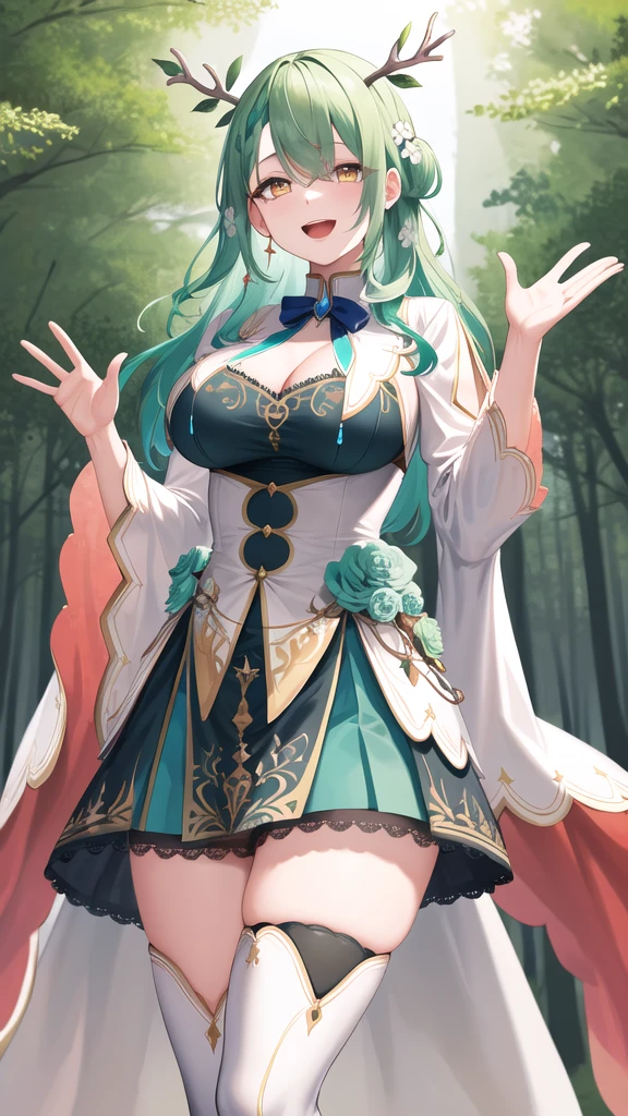 masterpiece, best quality, highres, hmcf, long hair, antlers, branch, braided bangs, hair flower, yellow eyes, large breasts, jewelry, dress, cleavage, wide sleeves, green flower, single thighhigh, white thighhighs, cowboy shot, standing, forest, smile, open mouth, waving