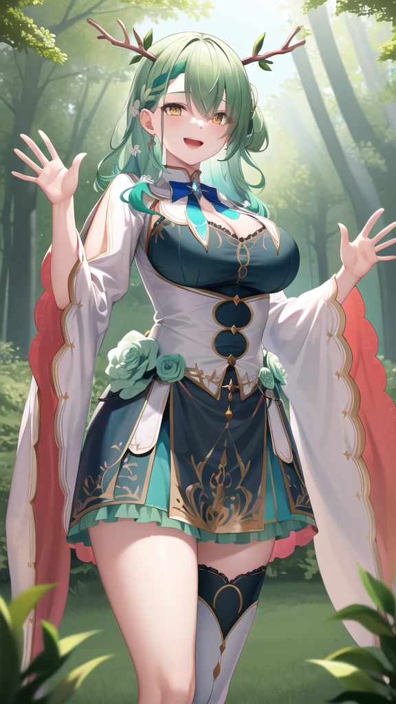 masterpiece, best quality, highres, hmcf, long hair, antlers, branch, braided bangs, hair flower, yellow eyes, large breasts, jewelry, dress, cleavage, wide sleeves, green flower, single thighhigh, white thighhighs, cowboy shot, standing, forest, smile, open mouth, waving