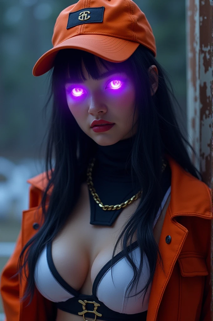 Create a character with a black turtleneck shirt ,White Bra , eyes with purple fire and orange cap turned backwards
