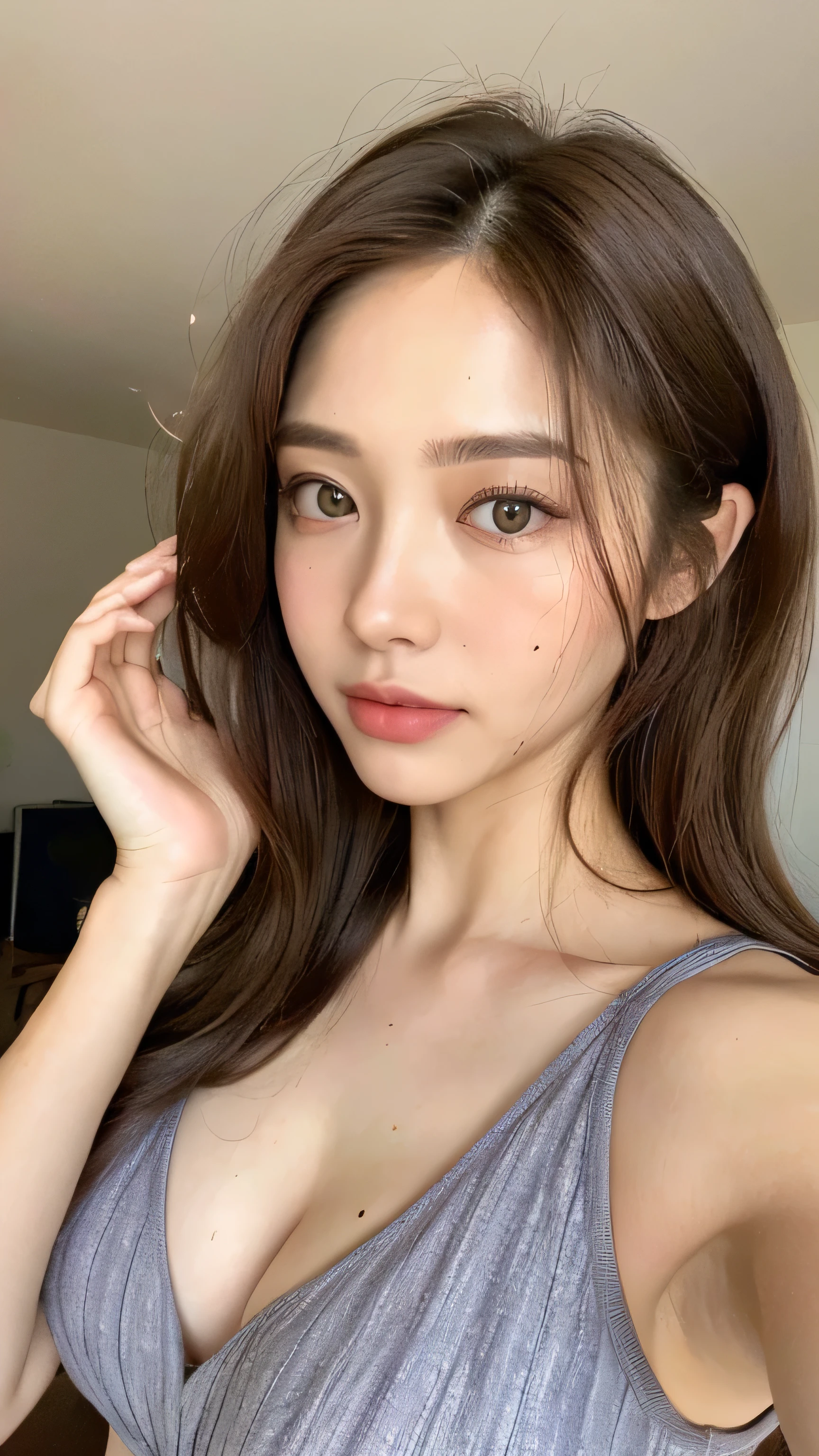 ((Highest quality, 8k, masterpiece: 1.3)), 1 female, Japanese Mature,Sensual beauty: 1.3, (Hair style Brown hair Medium wave, big: 1.2), Nightwear: 1.1, Super Slender Face, Delicate eyes, double eyelid, Dimples,Mole, Home,Plump body, Cleavage, very thick legs, Cowboys photographed from the air