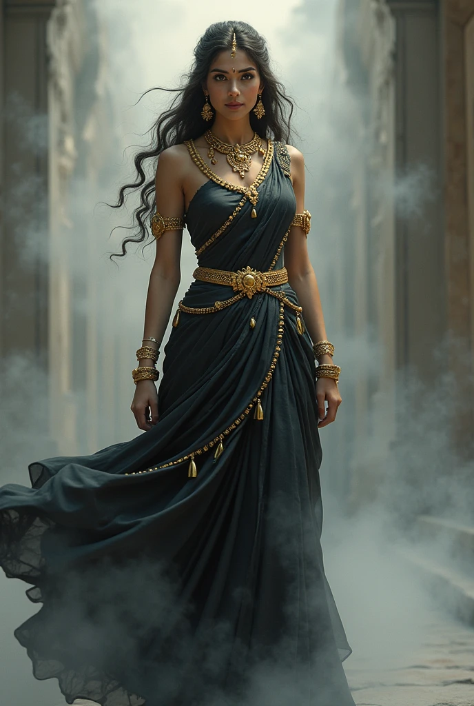 Goddess durghs in a black silver silk saree with golden ornaments, surrounded with fog. smiling young and looking at camera