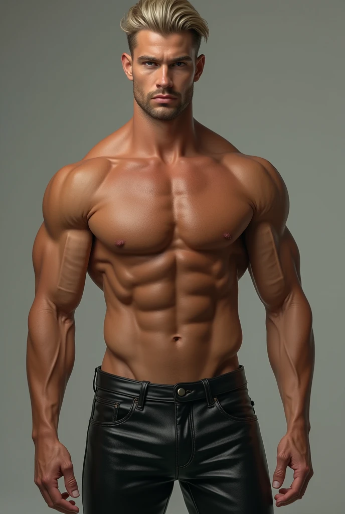 (realistic) an attractive tan-skinned, tall, ash blond haired man that’s shirtless, with black leather pants on, giving sexy gangster vibes (a little lanky, and not too much muscle) with a happy trail leading to his pants