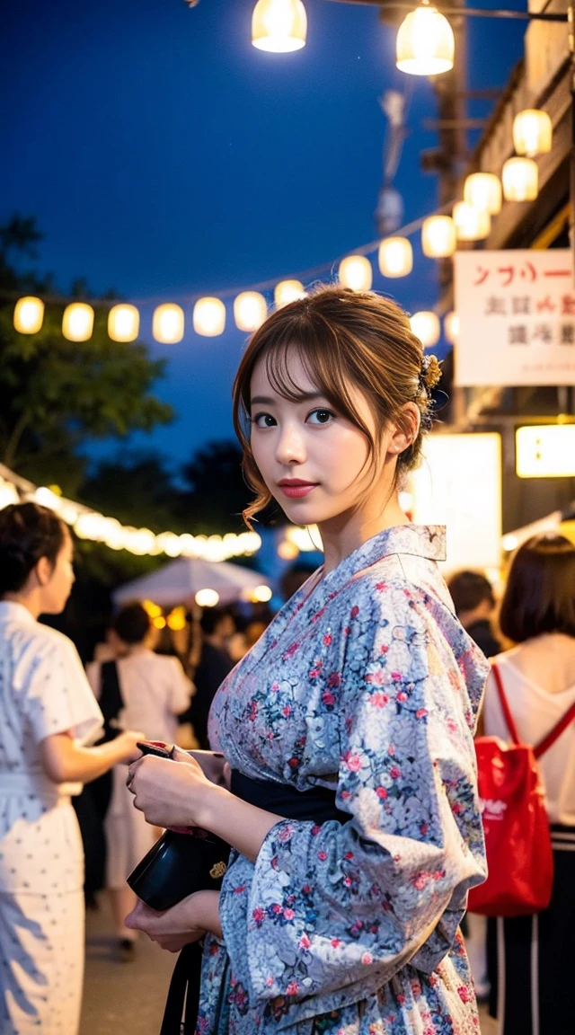 Dark brown hair、Light brown eyes、Japanese actress、 Lady、I am about 40 years old...、(Intricate details:1.2)、(Which is more expensive????:1.4)、 (Ultra-high resolution:1.2)、Ultra-high resolution、(fine adjustment)、(Detailed facial features)、Hmph、8k resolution、D cup size breasts、Long Hair、Hue、night、,Full body photo、Updo、Enjoy the festival、Japanese Festivalsの活気ある光景. The woman is wearing a floral yukata..,Wearing a summer yukata. There are festival foods such as takoyaki and cotton candy...nightのお祭り、Summer festival、Japanese Festivals、night祭り、A street lined with takoyaki stalls, Fried noodles, And street food.、night、Lantern Light、