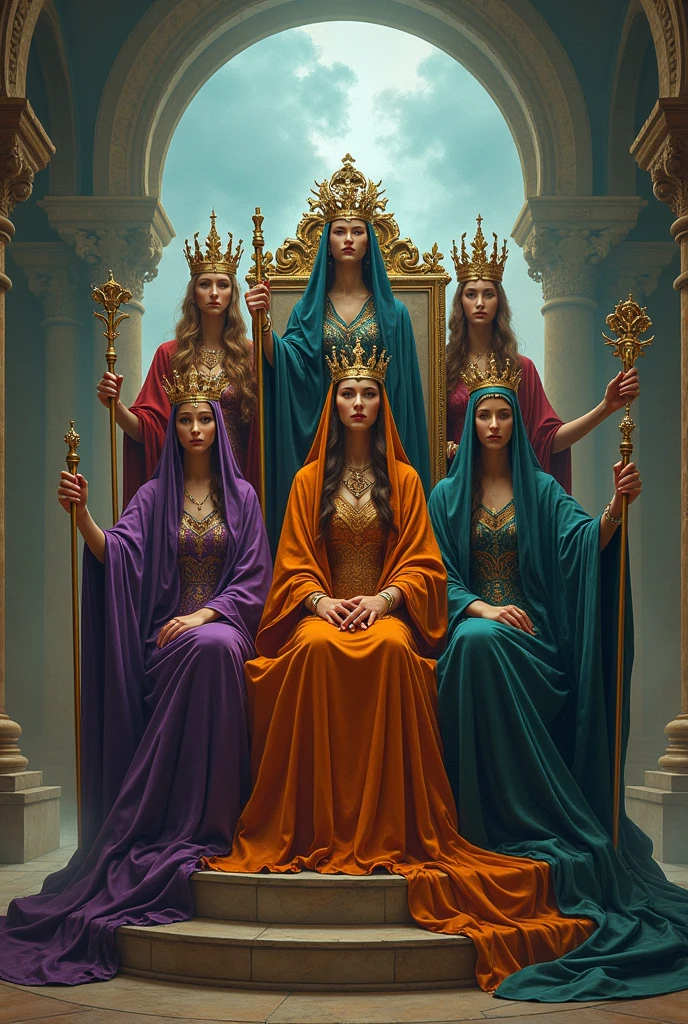 5 women dressed as witches, with a long tunic of different colors, the tunic covers their hair, with a setro in their hand, with their crown on their head, perched on a beautiful throne, behind her there is an open portal to another dimension .