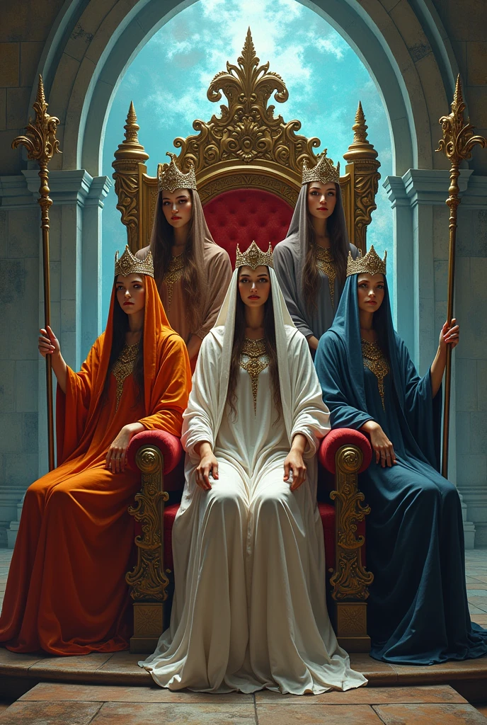 5 women dressed as witches, with a long tunic of different colors, the tunic covers their hair, with a setro in their hand, with their crown on their head, perched on a beautiful throne, behind her there is an open portal to another dimension .