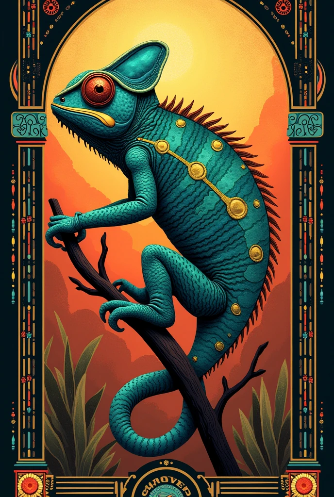 Create a nice chameleon cover idea for a music label, groove,chameleon in art deco for album cover in the center