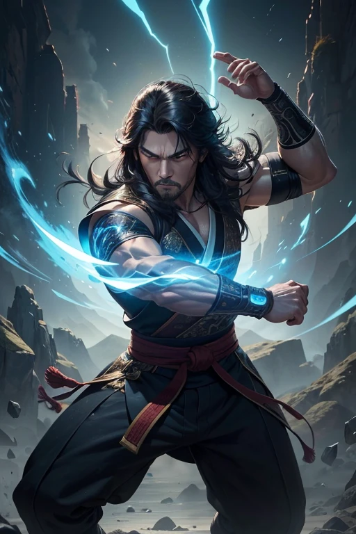 The god of water, in dynamic attitude, unleash the power of water, with whips of water surrounding and whirling out of his perfect body, shirtless. He has wet long silver messy hair and black pants. Dynamic pose, energic, he shouts with determination. Highly detailed. Photography.