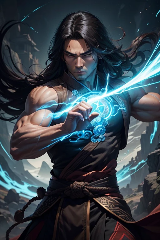 The god of water, in dynamic attitude, unleash the power of water, with whips of water surrounding and whirling out of his perfect body, shirtless. He has wet long silver messy hair and black pants. Dynamic pose, energic, he shouts with determination. Highly detailed. Photography.