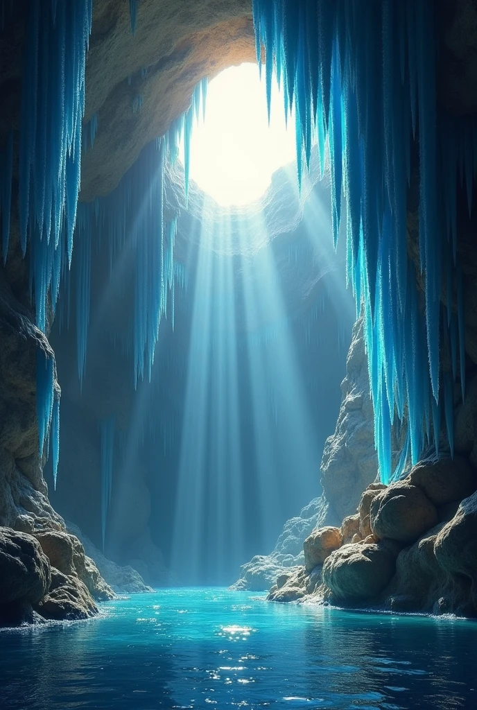 a hole in the wall of a cave through which the sun's rays are reflected on the blue stalactites as sunbeams, a halo effect