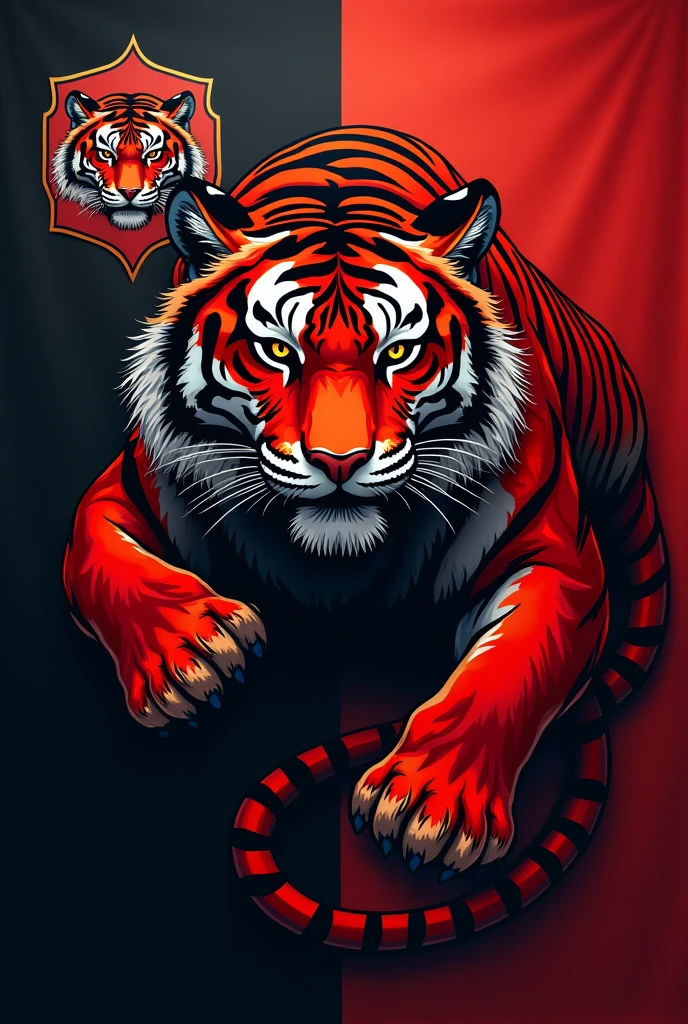 A red and black flag with a tiger on the side, a flag on the side with a tiger on the side too

