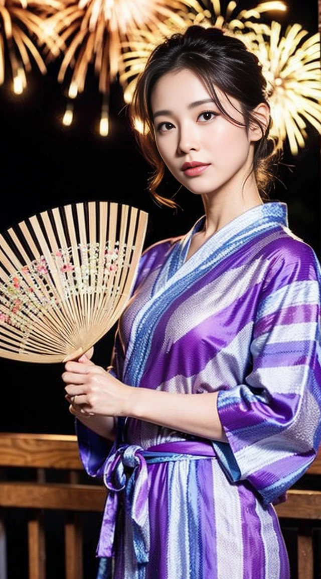 Dark brown hair、Light brown eyes、Japanese actress、 Lady、I am about 40 years old...、(Intricate details:1.2)、(Which is more expensive????:1.4)、 (Ultra-high resolution:1.2)、Ultra-high resolution、(fine adjustment)、(Detailed facial features)、Hmph、8k resolution、D cup size breasts、Long Hair、Hue、night、,Full body photo、firework、yukata、firework大会、日本のfirework、Japan yukata、band、Summer in Japan、Yukata outfit、Updo、Holding a fan in hand、Japanese Fan、