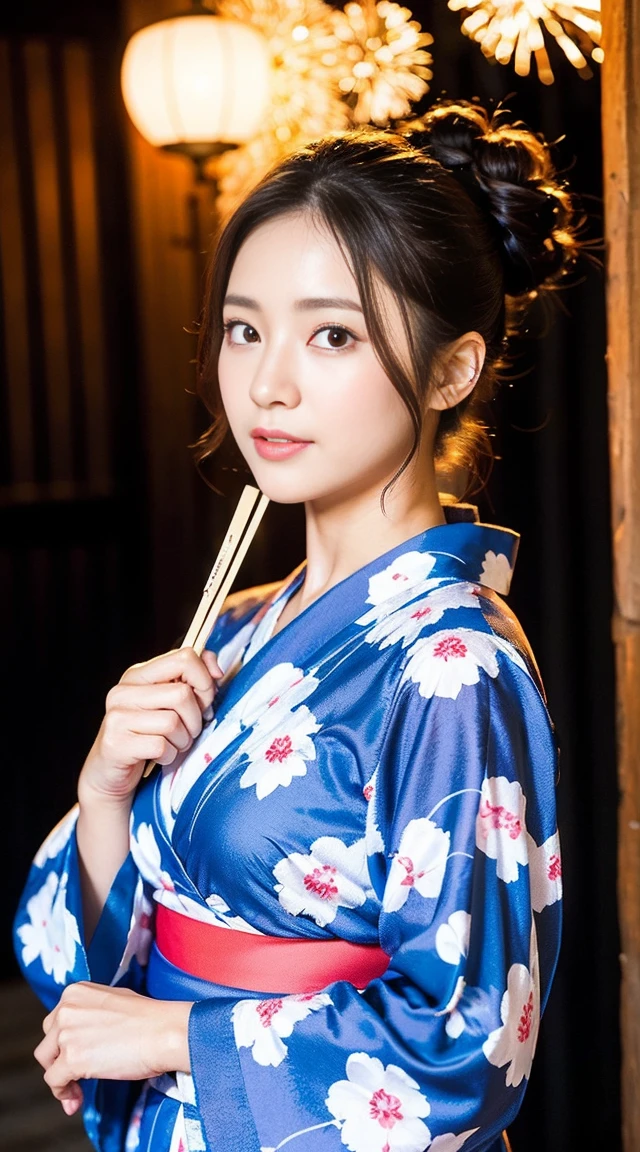 Dark brown hair、Light brown eyes、Japanese actress、 Lady、I am about 40 years old...、(Intricate details:1.2)、(Which is more expensive????:1.4)、 (Ultra-high resolution:1.2)、Ultra-high resolution、(fine adjustment)、(Detailed facial features)、Hmph、8k resolution、D cup size breasts、Long Hair、Hue、night、,Full body photo、firework、yukata、firework大会、日本のfirework、Japan yukata、band、Summer in Japan、Yukata outfit、Updo、Holding a fan in hand、Japanese Fan、