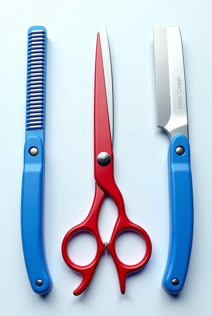 Red scissors and knife, blue and white, barbershop style with white background