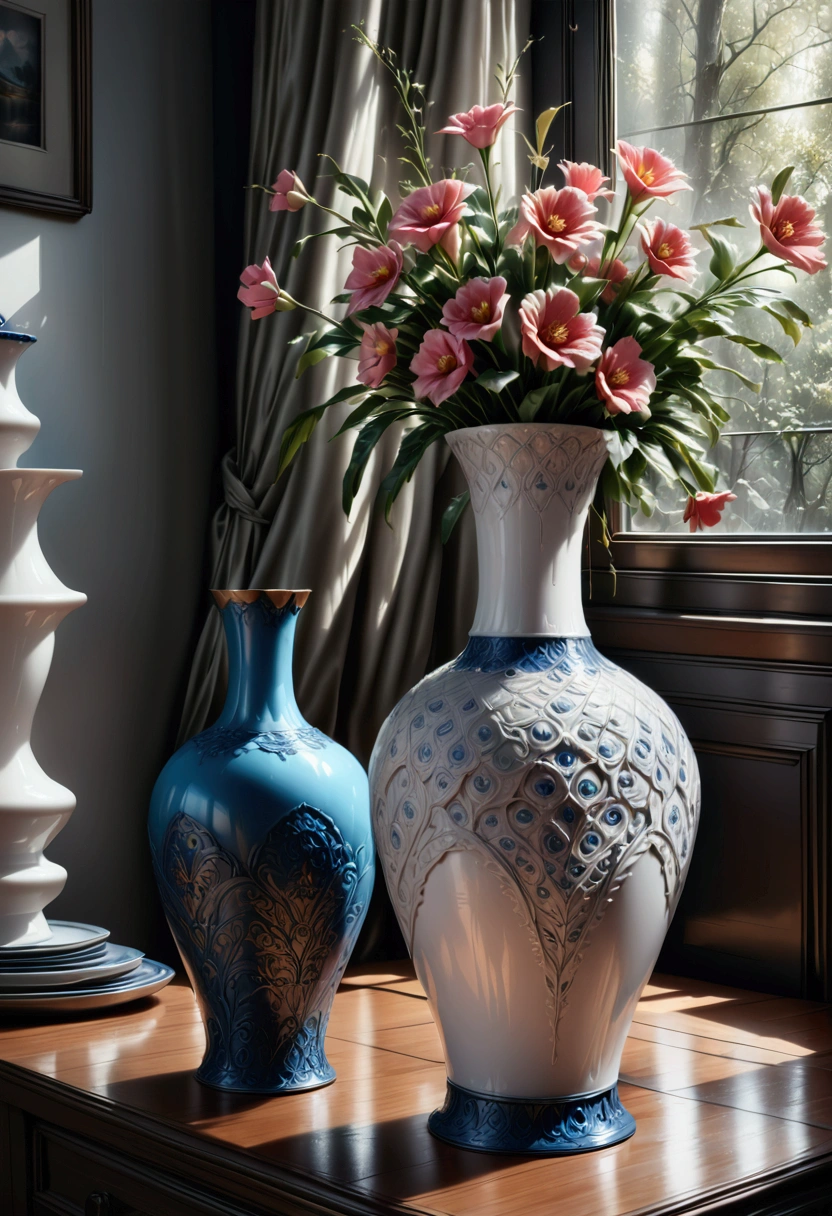 Ceramics, a beautiful ceramic vase, hand-crafted, intricate floral patterns, glossy glazed surface, (4k,8k,highres:1.2), ultra-detailed, (realistic,photorealistic,photo-realistic:1.37), studio lighting, impeccable craftsmanship, delicate brushwork, vibrant colors, elegant design, masterpiece, best quality, very aesthetic, absurdres