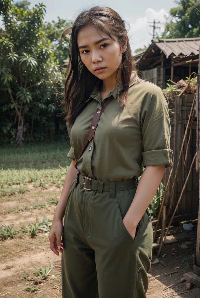 1girl, beautiful detailed female vietcong woman, young, vietnam, vietcong, southeast asia, southeast asian face, voluptuous, curvaceous, short, petite, thicc, thin thighs, wide hips, natural, natural lashes, no makeup, glistening sweat, teenager, ulzzang, cute face, thin face, skinny face, thin cheeks, tsundere, annoyed face, angry face, angry brows, frowning, small nose, thin eyes, thin lips, fully clothed, military clothing, baggy clothing, baggy pants, shirt collar, buttoned clothes, military harness, military gear, rifle strap, wearing military pouches, military headgear, arafed woman, vietnamese farmer, vietnam harvest, vietnam rural travel, vietnamese woman, traditional vietnam, rural vietnam, in bed, makeshift bed, fields, impoverished, disheveled, farmer, farming, messy thick luscious hair, tied short hair, short hair, traditional hairstyle, cute hairstyle, cute haircut, bob cut with pigtails, detailed face, penetrating eyes, beautiful detailed lips, extremely detailed skin, detailed clothing, colorful clothing, (best quality,4k,8k,highres,masterpiece:1.2),ultra-detailed,(realistic,photorealistic,photo-realistic:1.37), natural lighting, warm color tones, cinematic composition