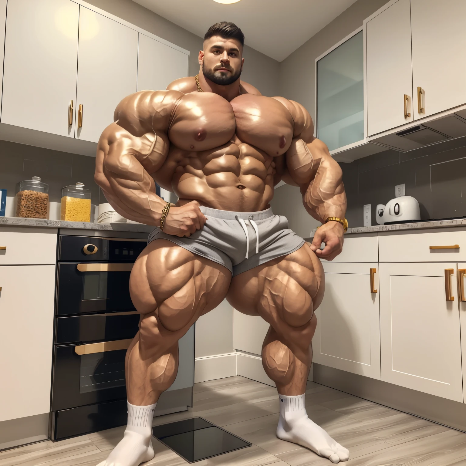full view full body, Awesome Ole Kristian Vaarga extremely bodybuilded over-muscular male, with all his muscles hypertrophied, over-inflates shoulders, His pecs are huge and exaggeratedly overinflated, ready to explode, abs, legs, biceps, twice bigger than anyone else, pierced nipples with gold rings and chains, standing in his white socks, swallowing a huge box of proteins in his kitchen, wearing grey shorts and white socks, his white socks must be seen