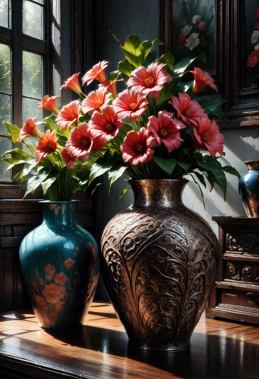 Ceramics, a beautiful ceramic vase, hand-crafted, intricate floral patterns, glossy glazed surface, (4k,8k,highres:1.2), ultra-detailed, (realistic,photorealistic,photo-realistic:1.37), studio lighting, impeccable craftsmanship, delicate brushwork, vibrant colors, elegant design, masterpiece, best quality, very aesthetic, absurdres
