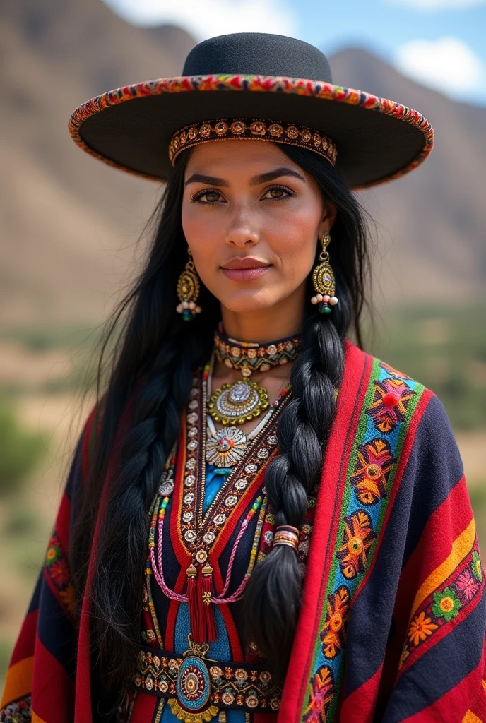 Realistic photograph of a beautiful woman with dark skin and black hair wearing the cholita paceña outfit, traditional from the department of La Paz in Bolivia