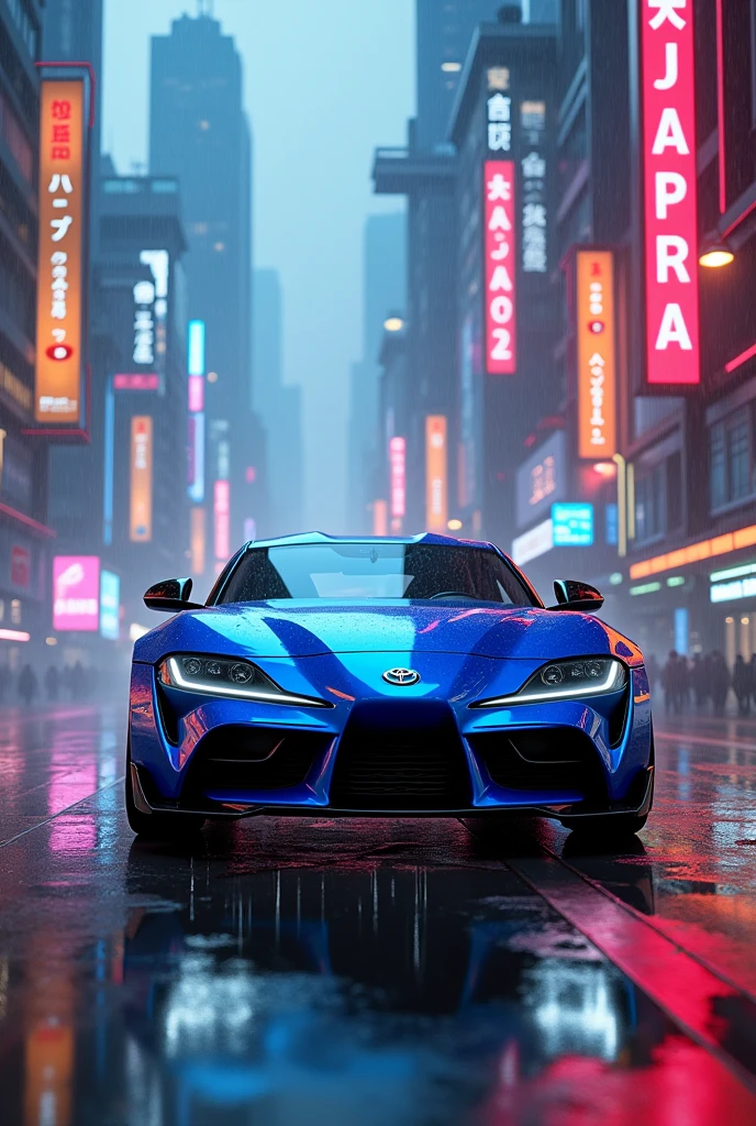 a cyberpunk city with neon lights, a blue Toyota Supra mk4,rain, highly detailed, photorealistic, 8k, cinematic lighting, dramatic shadows, moody atmosphere, neon city lights, advanced technology, futuristic cityscape, intricate details, clean lines, glossy surfaces, metallic textures, vibrant colors, glowing elements, moody lighting, cinematic framing, dramatic composition, hyper-realistic rendering, volumetric fog, depth of field, stunning visuals