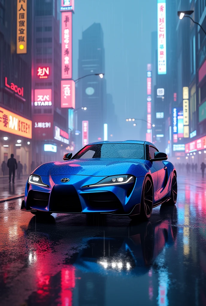 a cyberpunk city with neon lights, a blue Toyota Supra mk4,rain, highly detailed, photorealistic, 8k, cinematic lighting, dramatic shadows, moody atmosphere, neon city lights, advanced technology, futuristic cityscape, intricate details, clean lines, glossy surfaces, metallic textures, vibrant colors, glowing elements, moody lighting, cinematic framing, dramatic composition, hyper-realistic rendering, volumetric fog, depth of field, stunning visuals