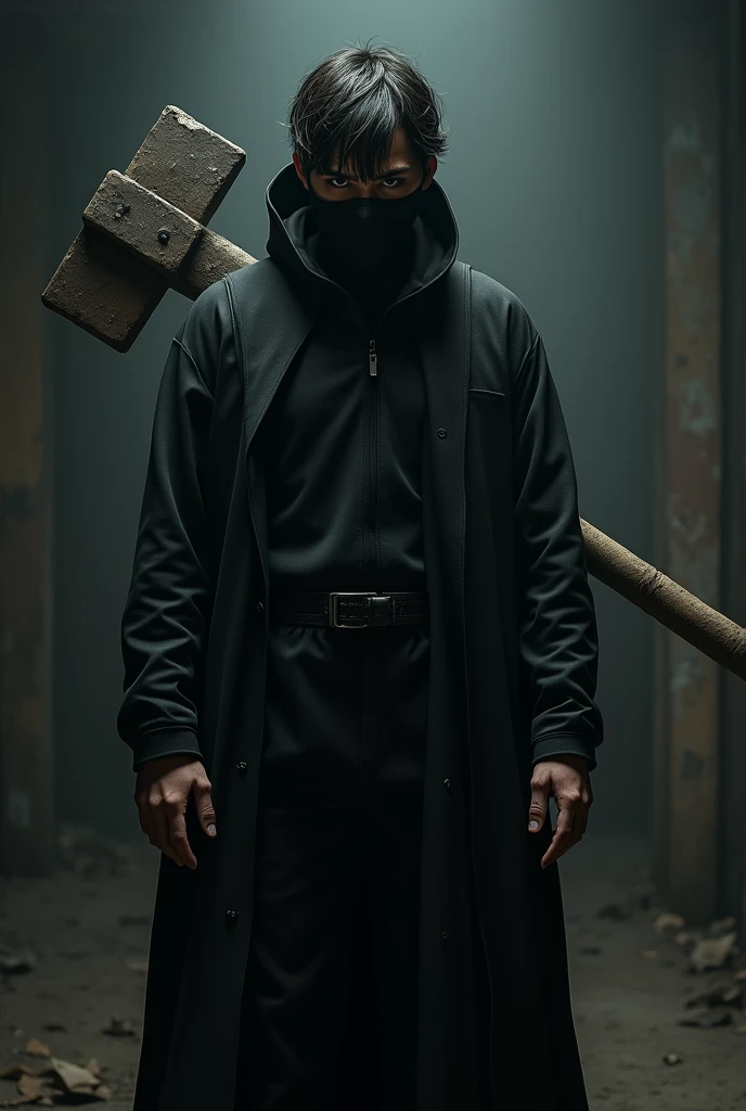 Boy in a black outfit with a black mask holding a sledgehammer with messy hair