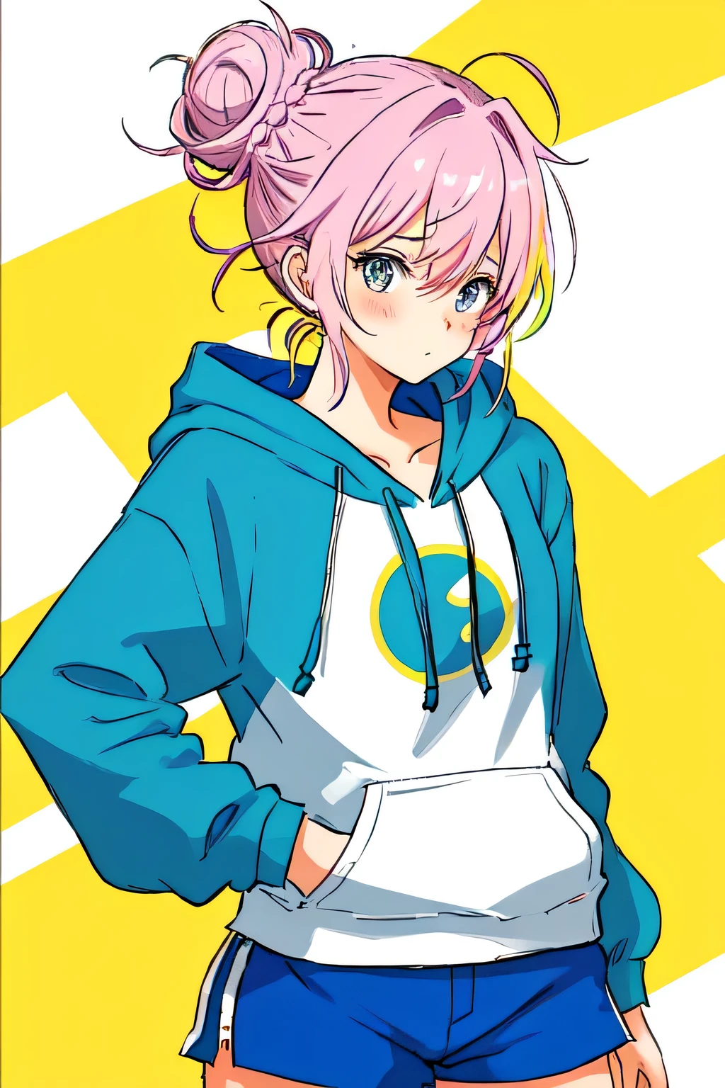 Cute girl with her hair tied up in a messy bun, colourful hair, arched back, two strands of hair down the front, curvy, slim, medium breasts, shy, blushing, hoodie, soft colours, small shorts, anime style