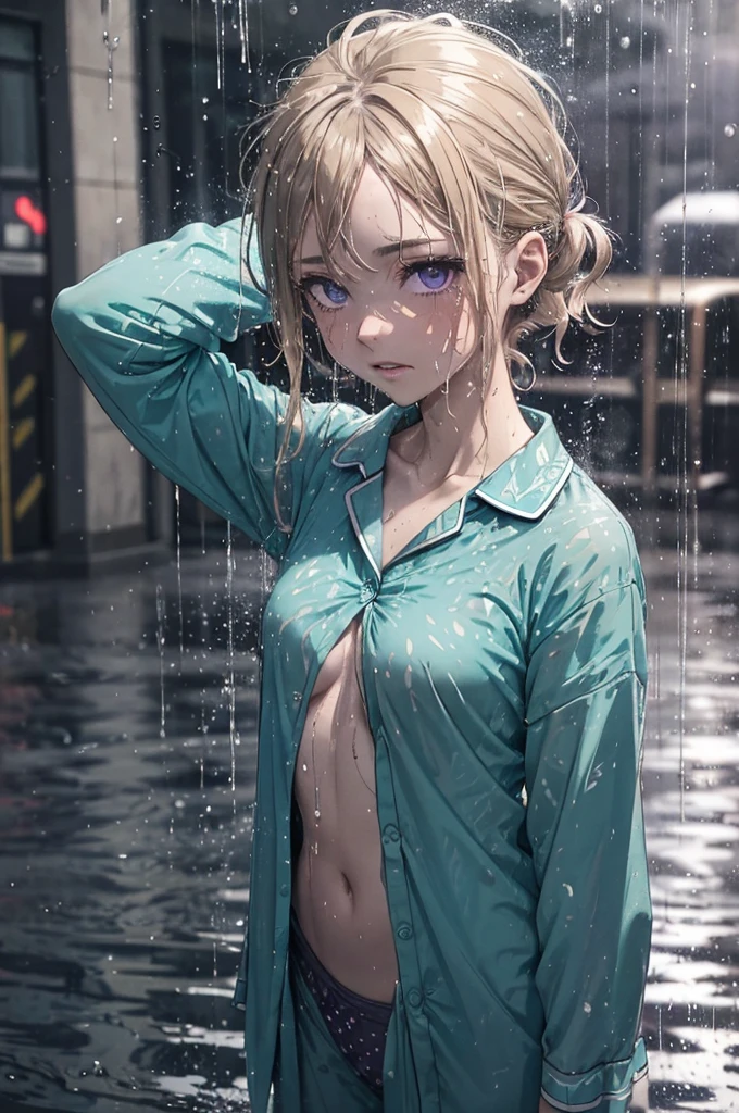 ((Teal coloured buttoned up pyjama shirt)), (naked bottoms, wearing nothing but her shirt), 1girl, raining heavily, (patterned pyjamas), outside, short caramel-blonde hair sticking to her face, depressed purple eyes, teal coloured pyjama shirt, nighttime, very dark, soaking wet, wet through, wet clothes, almost naked, small breasts, outside at nighttime, in the streets, dark background, dark, very dark night, realistic colour, 1 colour shirt, soaking wet pyjamas, wet though, dripping wet, a hint of nipples, purple eyes, alluring depressed eye, cold dark night, flushed cheeks, braless, bare legs, bottomless, faint nipples pressing through, NSFW