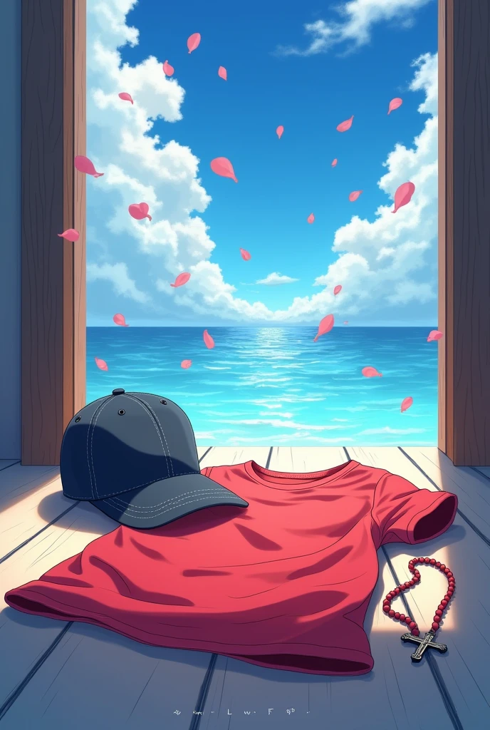 Red T-shirt crumpled on the floor and next to it a baseball cap and a rosary 2d style anime visually beautiful very anime Anime style anime Falls from the sky