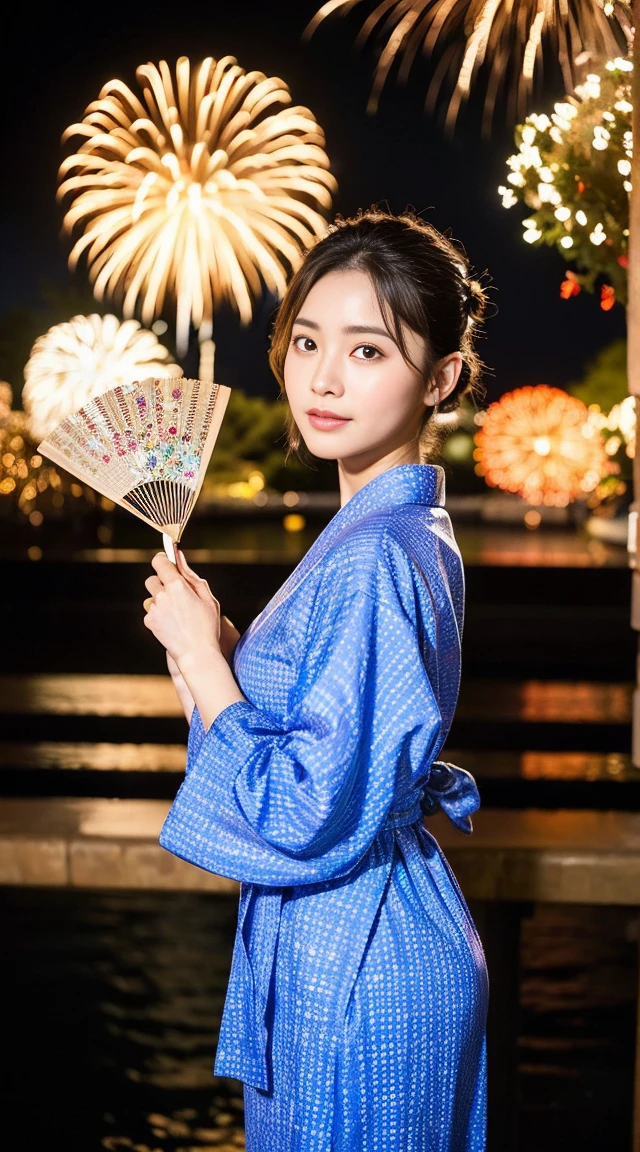 Dark brown hair、Light brown eyes、Japanese actress、 Lady、I am about 40 years old...、(Intricate details:1.2)、(Which is more expensive????:1.4)、 (Ultra-high resolution:1.2)、Ultra-high resolution、(fine adjustment)、(Detailed facial features)、Hmph、8k resolution、D cup size breasts、Long Hair、Hue、night、,Full body photo、firework、yukata、firework大会、日本のfirework、Japan yukata、band、Summer in Japan、Yukata outfit、Updo、Holding a fan in hand、